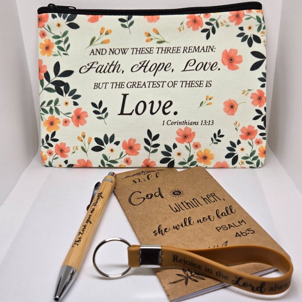 NEW INSPIRATIONAL FAITH CANVAS POUCH, NOTEPAD, PEN, BOOKMARK & KEYCHAIN GIFT SET